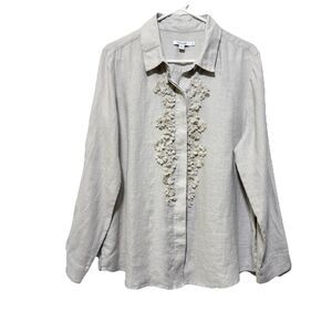 Chico's Size 2 US 12 Floral Cut-Out 100% Linen Long Sleeve Button Down Tan